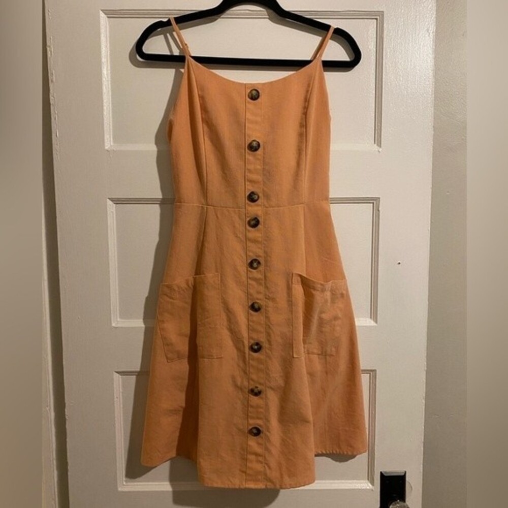 Molly Green Vintage Style Peach Button Down Strappy Cottage Dress with Bow Back